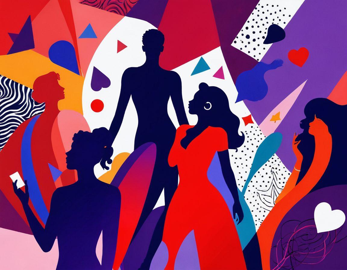 A visually striking collage of abstract shapes and playful icons representing adult entertainment, featuring a vibrant color palette with reds and purples. Include silhouettes of diverse couples in intimate poses against a backdrop of swirling patterns, conveying a sense of liberation and pleasure. The composition should evoke curiosity and excitement while maintaining a tasteful approach. 3D elements blended with digital art style. vibrant colors.