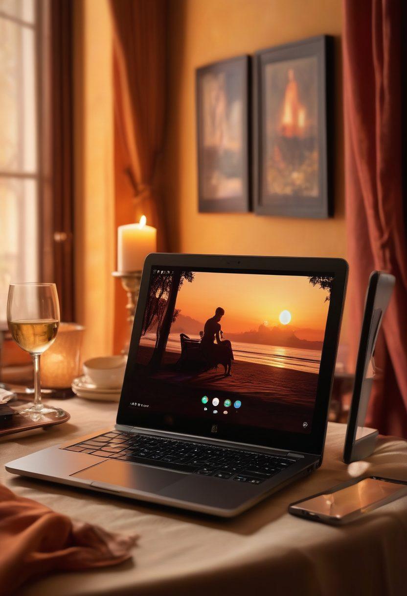 A visually enticing collage of erotic-themed content sources, showcasing various devices like a laptop, smartphone, and tablet displaying tantalizing shadows and silhouettes. The background should be softly blurred with warm, inviting colors creating a cozy atmosphere, hinting at a private browsing experience. Incorporate subtle elements like a decorative candle, opulent fabrics, and a glass of wine to evoke a sense of indulgence and exploration. super-realistic. warm tones. cozy atmosphere.